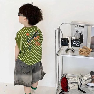 Hàng mới về set áo thun ba lỗ và quần short denim kẻ sọc thời trang mùa hè 2023 cho bé trai
