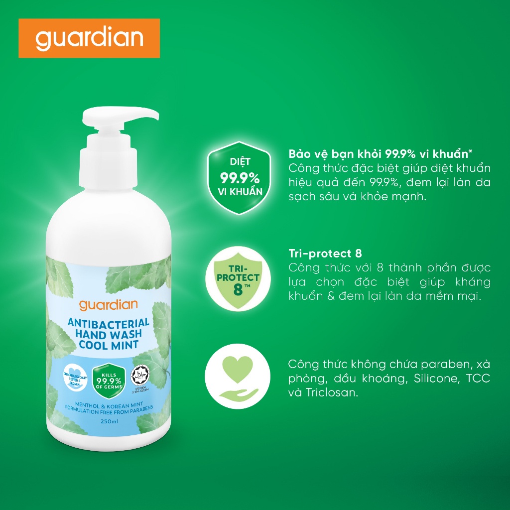 Nước Rửa Tay Sạch Khuẩn Guardian Antibacterial Handwash Cool Mint Bạc Hà Mát Lạnh 250ml