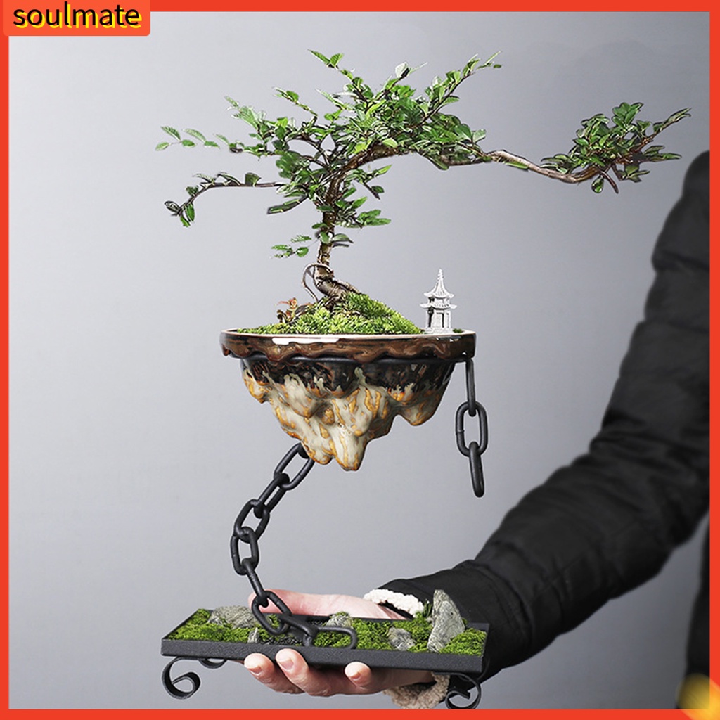 Chậu Trồng Cây Mọng Nước Bằng Sắt Và Tre Có Dây Xích Tre Nghệ Thuật