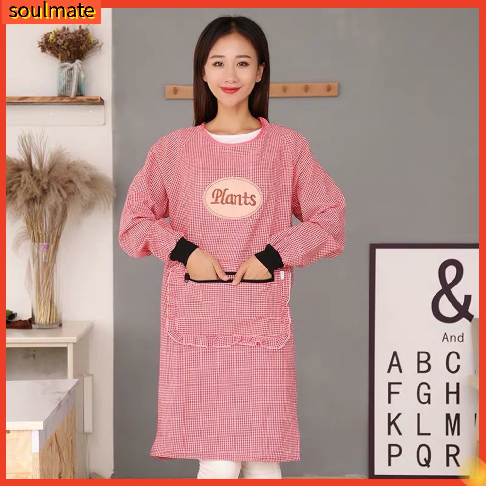 Tạp dề vải cotton tay dài chống dầu có túi kiểu dáng thời trang cho nữ