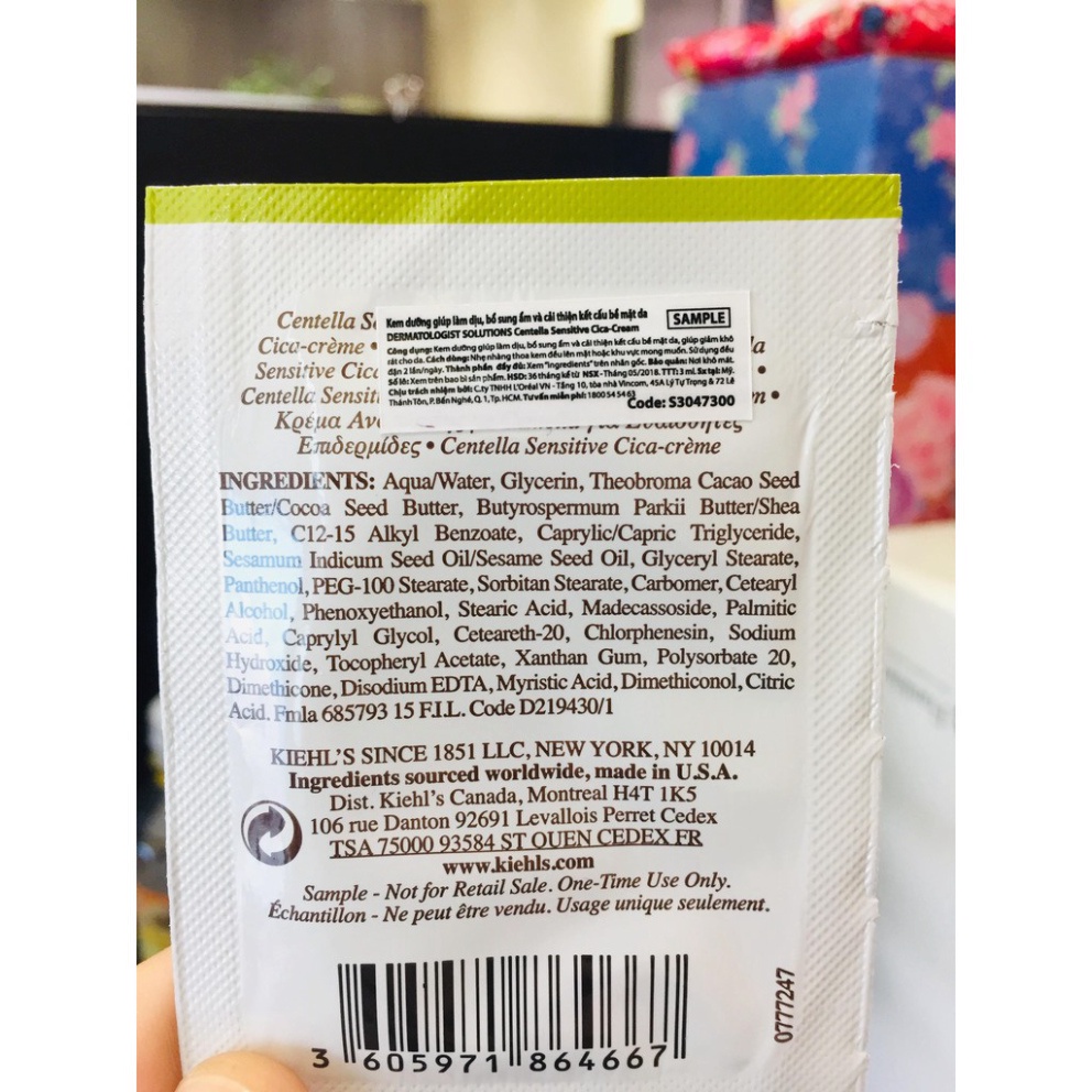 Sample mẫu thử Kem Dưỡng Cho Da Nhạy Cảm Kiehls Kiehl Centella Sensitive Cica Cream rau má 3ml