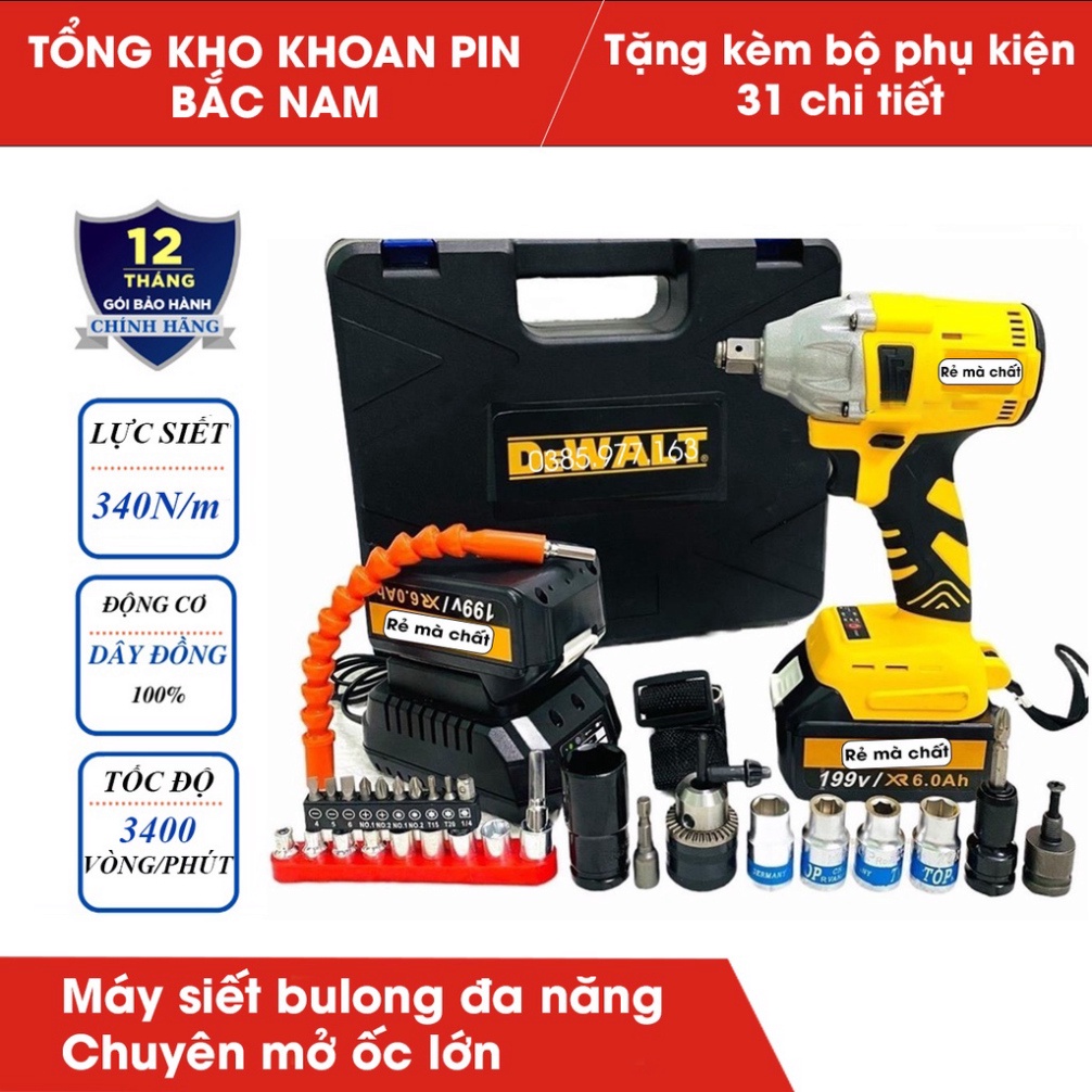 Máy siết bulong Dw 199v, máy khoan pin không chổi than đầu 2 trong 1, 100% lõi đồng, máy siết, siết bulong, dewalt