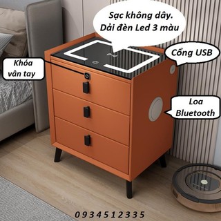 Tủ Đầu Giường 3 Ngăn Thông Minh, Tab Đầu Giường Đa Năng Có Khoá Vân Tay, Kèm Loa Bluetooth, Sạc Điện Thoại Không Dây
