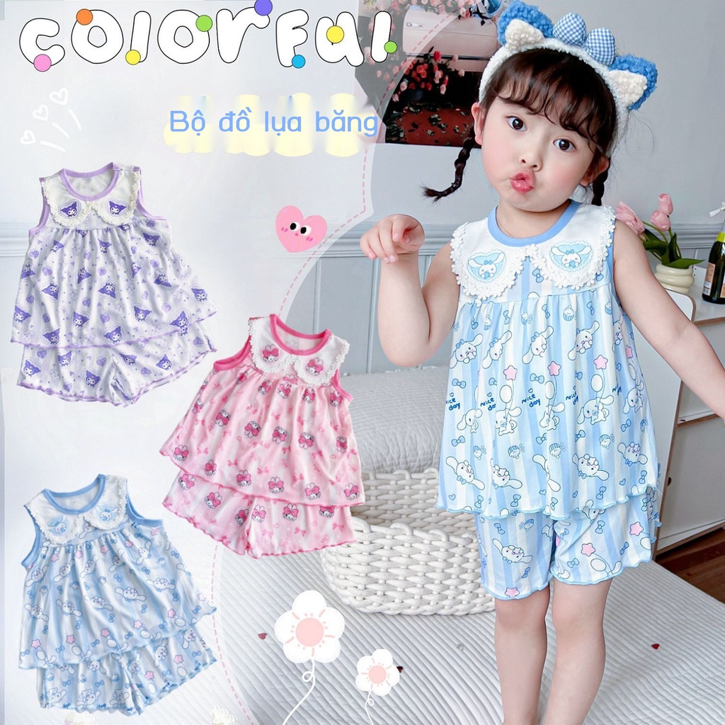 Bé gái đi chơi phù hợp với lụa băng búp bê dễ thương cổ áo vest quần short mặc ở nhà thoáng mát