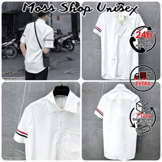 Áo sơ mi nam nữ Thom Browne phối 2 sọc tay-Áo sơ mi ngấn tay MOSSSHOPUNISEX