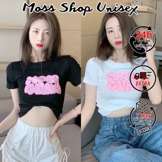 Áo croptop ôm body chữ hồng Super cllak MOSSSHOP