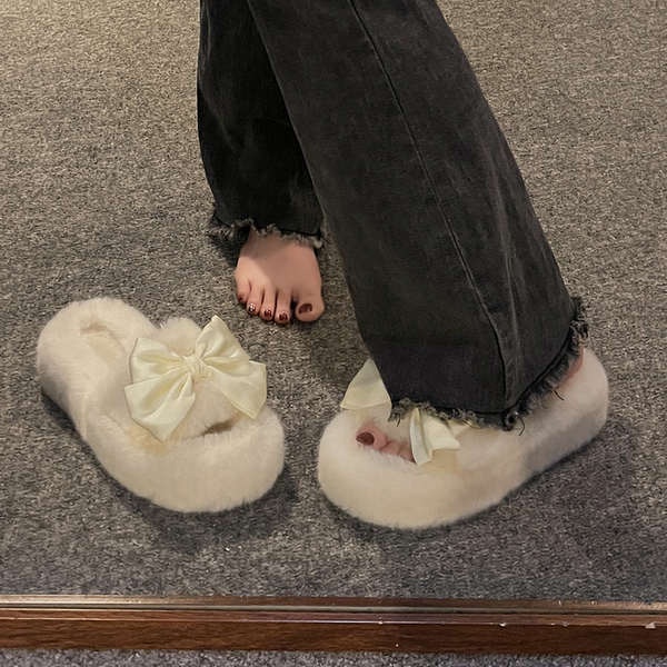 Dép Lông Nhung Đế Dày Đính Nơ Thời Trang 2023