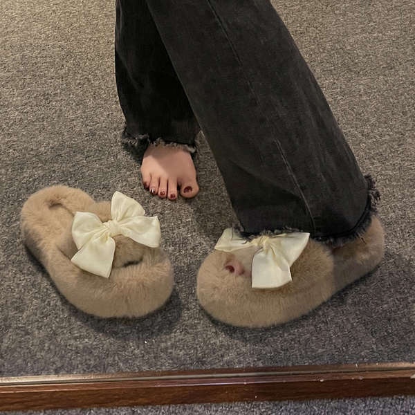 Dép Lông Nhung Đế Dày Đính Nơ Thời Trang 2023