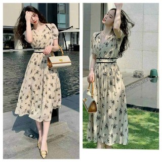 Đầm thời trang nữ đi tiệc đi chơi kiểu đầm xòe tay chạy viền èo tay phồng có lót trong chất liệu xốp hoa váy xoè maxi