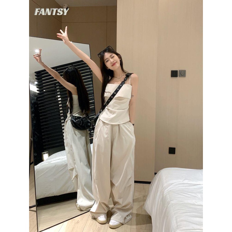 Bộ Áo Hai Dây Dáng Ôm Phối Quần Dài Ống Rộng Thời Trang Mùa Hè Cho Bạn Gái