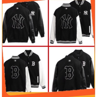 ` Áo Khoác Bomber MLB NY, Áo Khoác Varsity MLB vải nỉ tay da unisex.. `