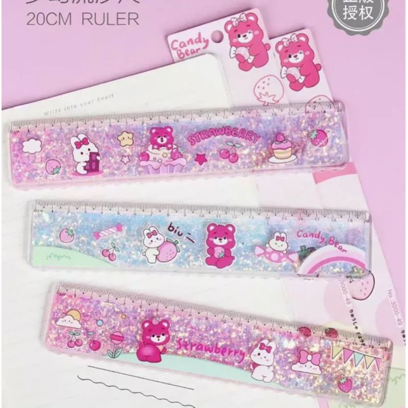 1 Thước Nhũ Nước Gấu Dâu Dài 20 cm Dễ Thương Dành Cho Bé - Thước Gấu Dâu - Thước Kẻ Gấu Dâu Dễ Thương Nhũ Kim Tuyến 20cm