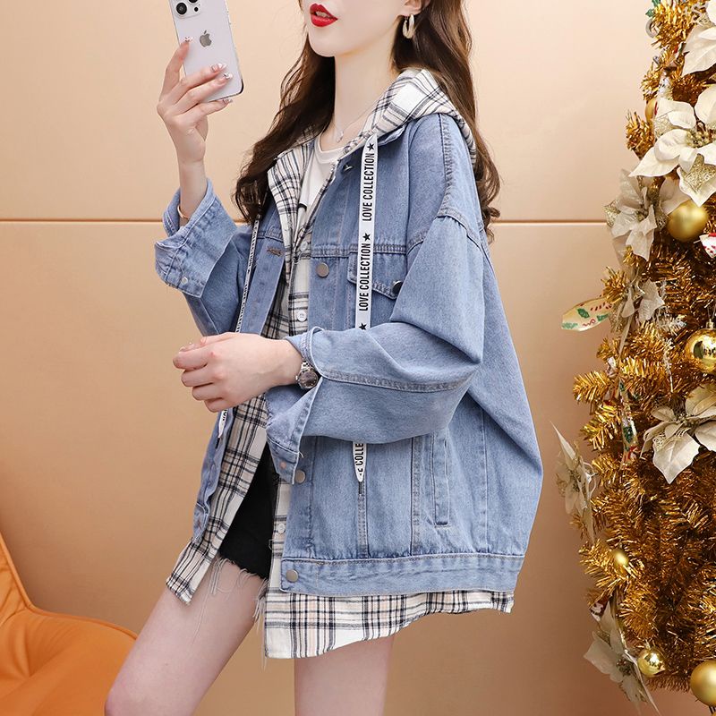 Áo Khoác Denim Có Mũ Trùm Giả Hai Lớp Dáng Rộng Thời Trang Dành Cho Nữ