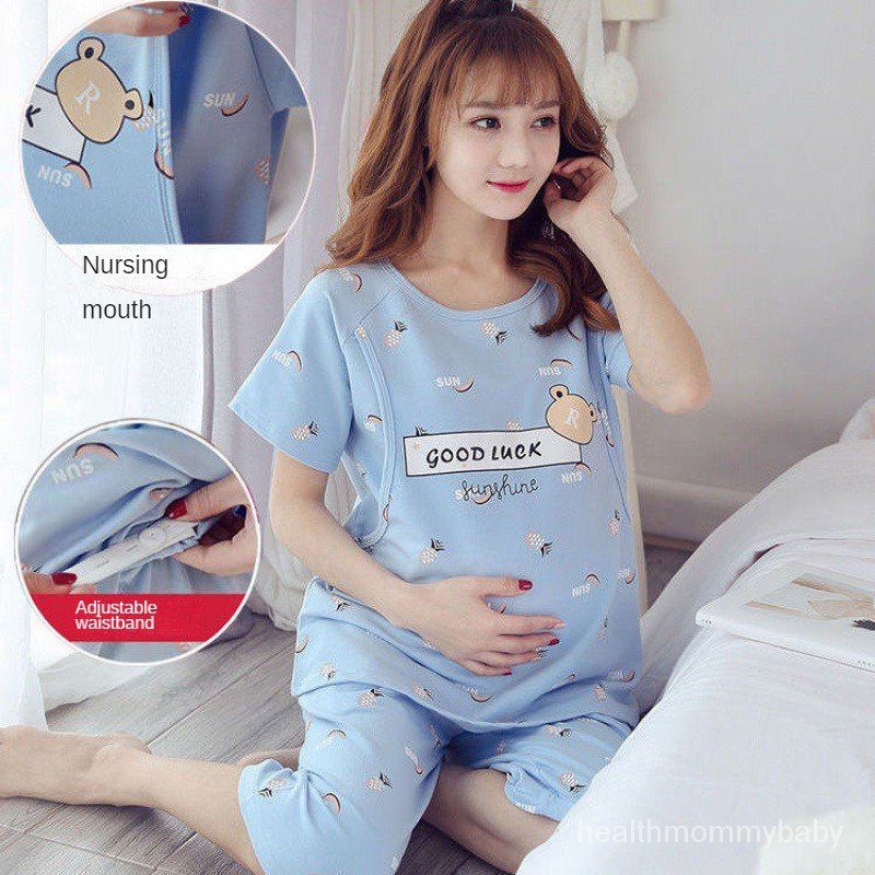 Đồ Ngủ Cho Bà Bầu Cộc Tay Quần Áo Cho Con Bú Sau Sinh Mẫu Mỏng Dịch Vụ Tại Nhà Thoáng Khí Thấm Mồ Hôi Khi Mang Thai