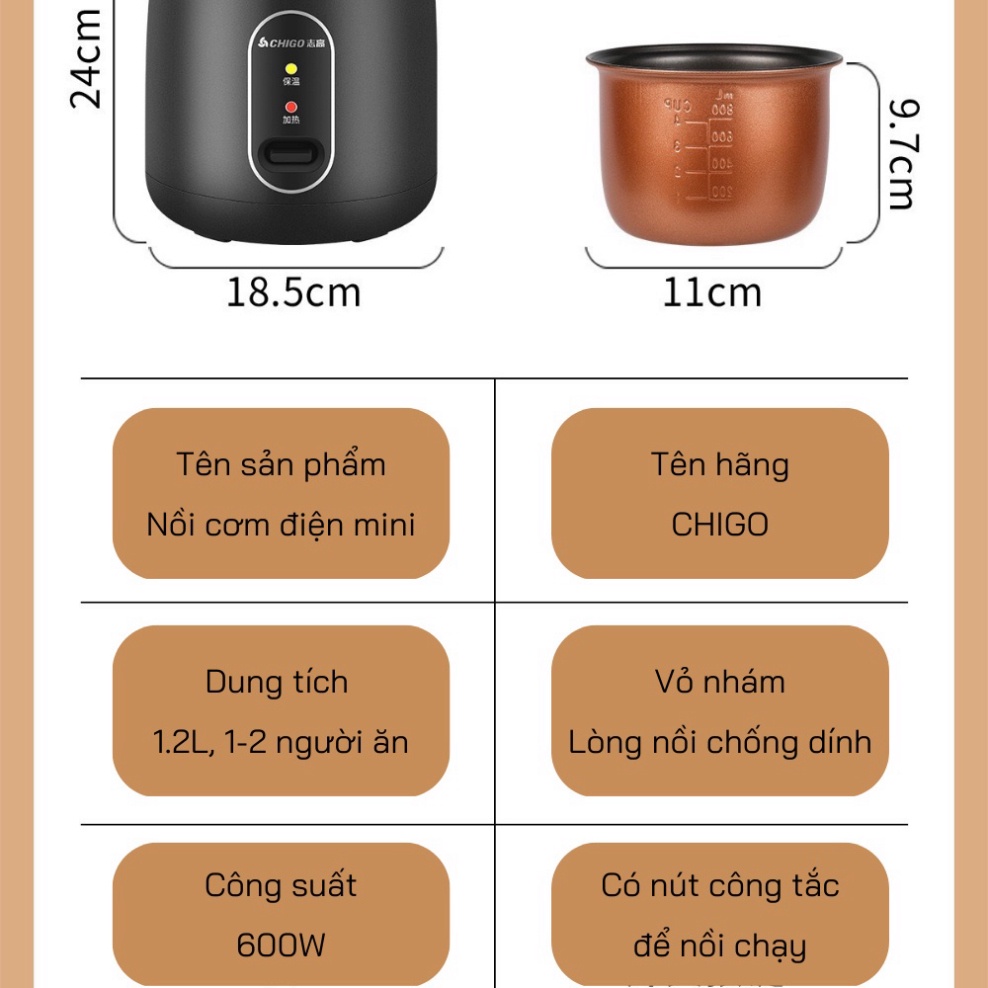 Nồi cơm điện mini tráng chống dính CHIGO, nấu hầm súp cháo đa năng, dung tích 1,2L phù hợp cho 2 người ăn - HC3