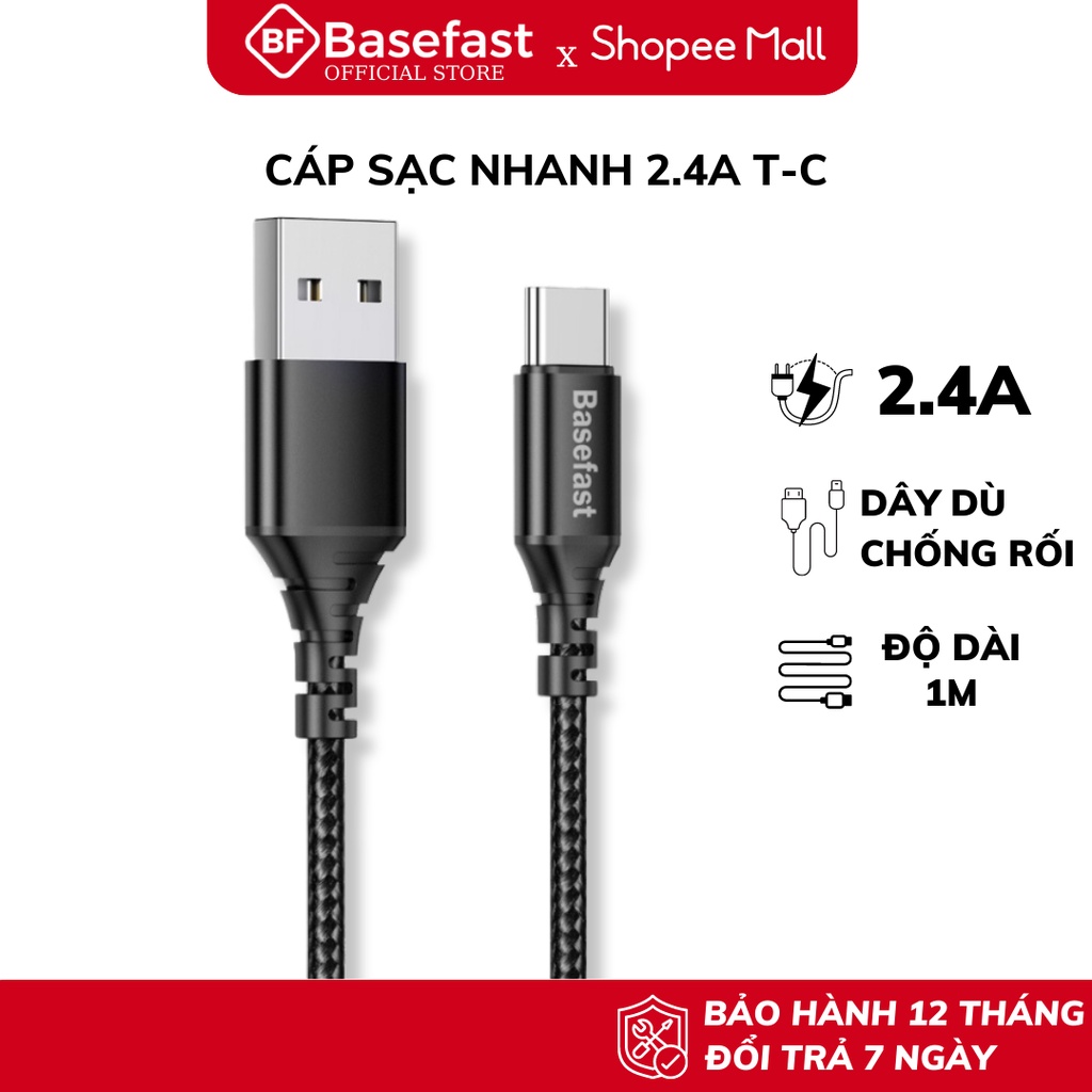 Dây sạc Type c Chính hãng Basefast CS14a - Cáp bọc dù sạc nhanh siêu bền