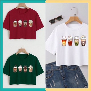 Áo thun nữ croptop in hình ly trà sữa cổ tròn tay ngắn. Mã: M154