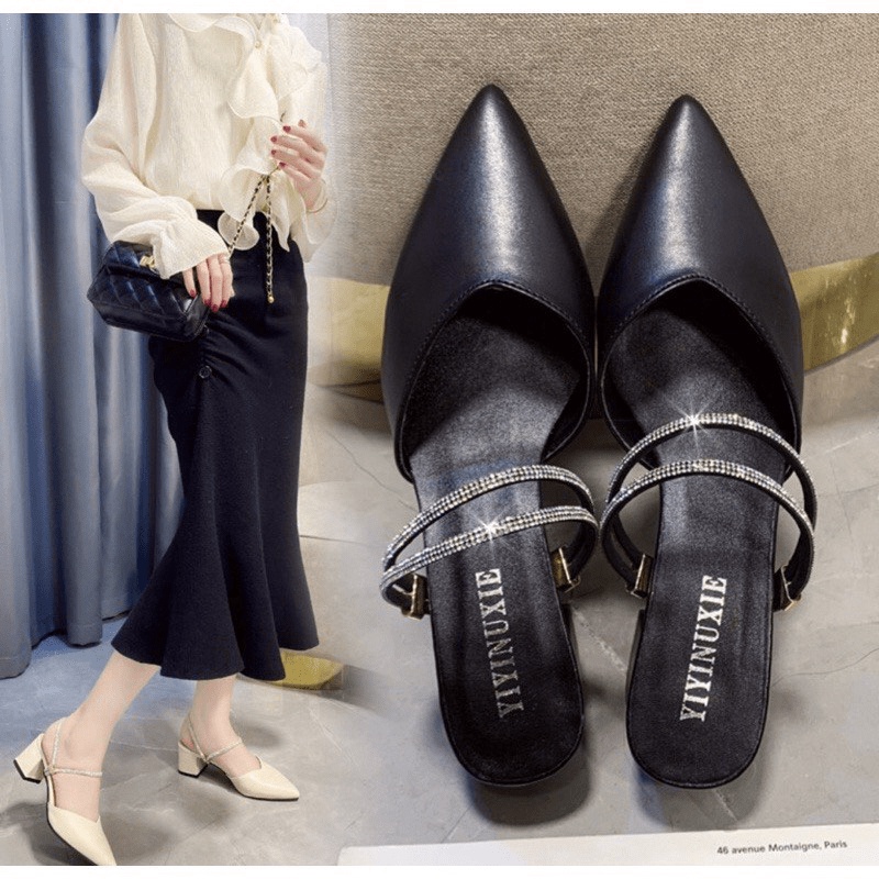 Siêu rẻ Giày cao gót bít mũi 5cm gót vuông hai màu đen kem SAM c56 xả kho thanh lý