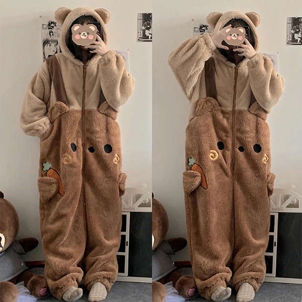 Winter bear pyjamas dày coral fleece dễ thương one-piece pyjamas cartoon loungewear nightgo