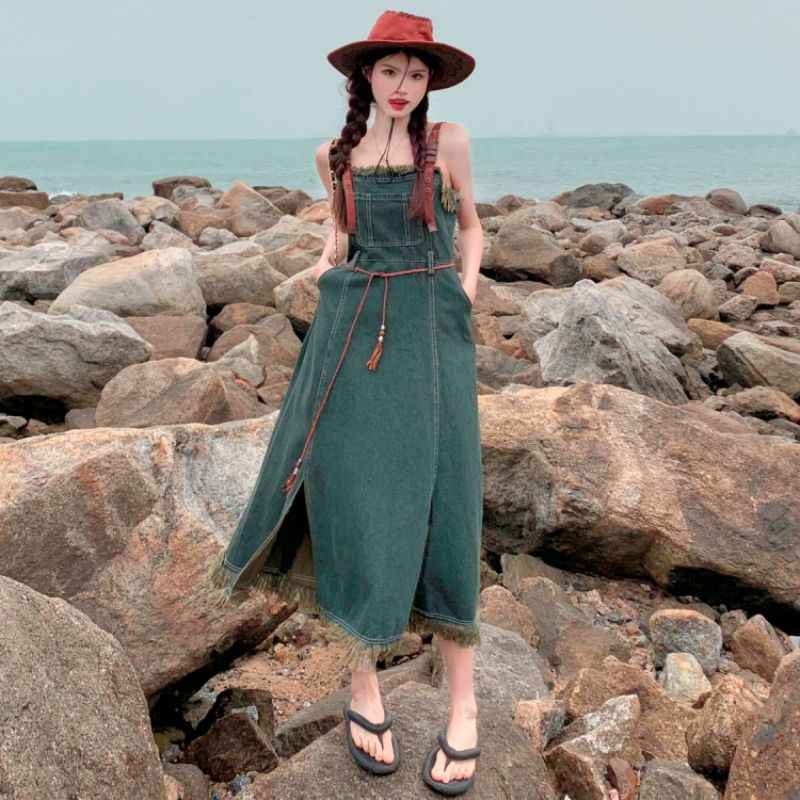 Jiashucheng Đầm Denim Hai Dây Dáng Ôm Phong Cách Retro Mỹ Thời Trang Mùa Hè Dành Cho Nữ