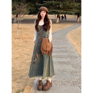 Jiashucheng Đầm Yếm Denim Dáng Rộng Tua Rua Phong Cách Retro Mỹ Mùa Hè Thiết Kế Niche Dành Cho Nữ