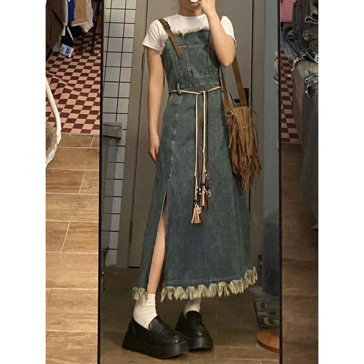 Jiashucheng Đầm Yếm Denim Dáng Rộng Dài Vừa Phối Màu Retro Hong Kong Thời Trang Xuân Hè Hàng Mới Dành Cho Bạn Nữ Sinh