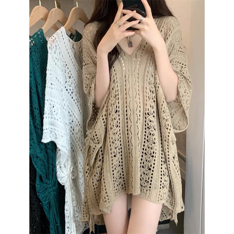 Áo Dệt Kim Tay Ngắn Cổ Chữ V Dáng Rộng Thời Trang Cho Nữ