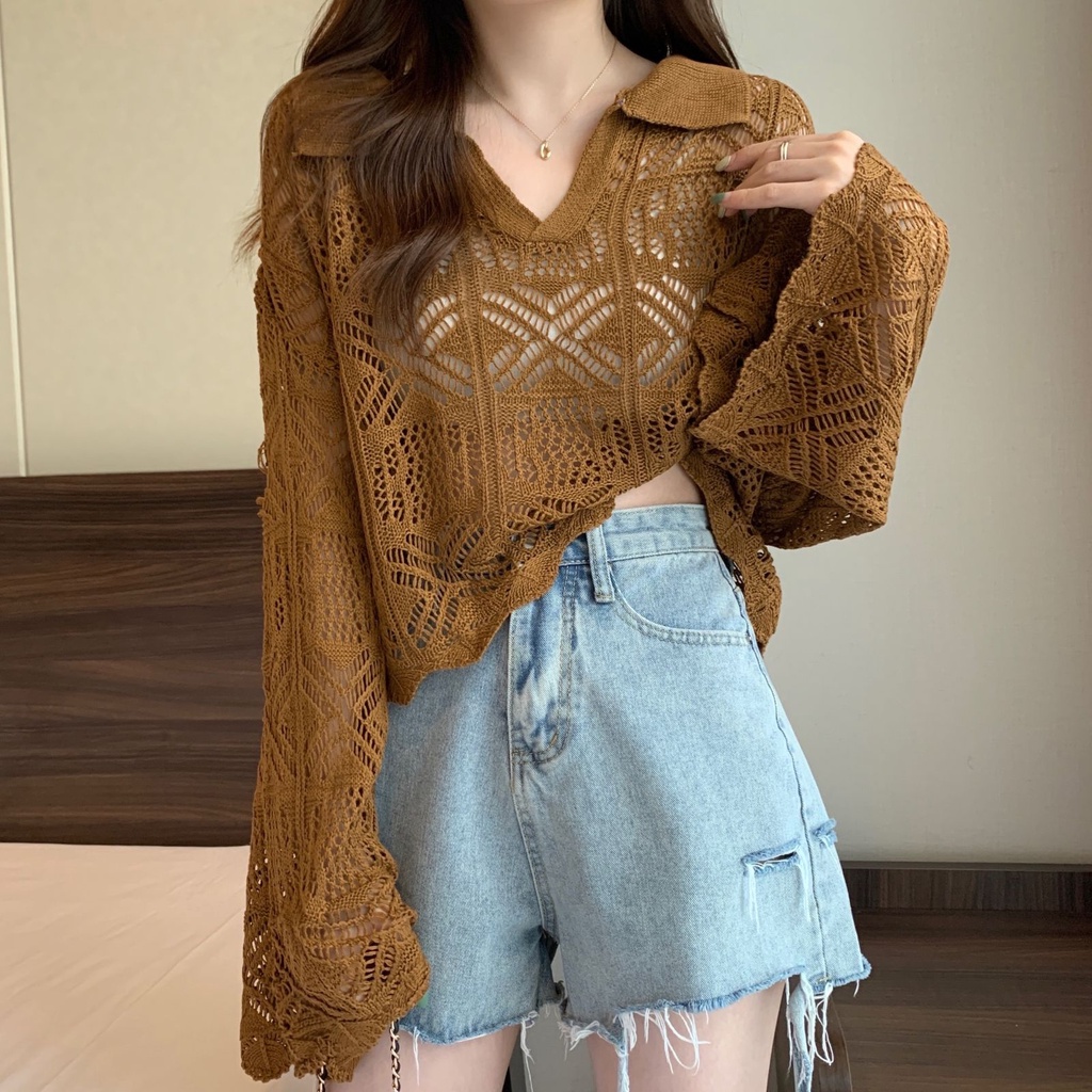 Áo sweater Dệt Kim Tay Loe Dài Thiết Kế Đục Lỗ Thời Trang Ngọt Ngào Cho Nữ