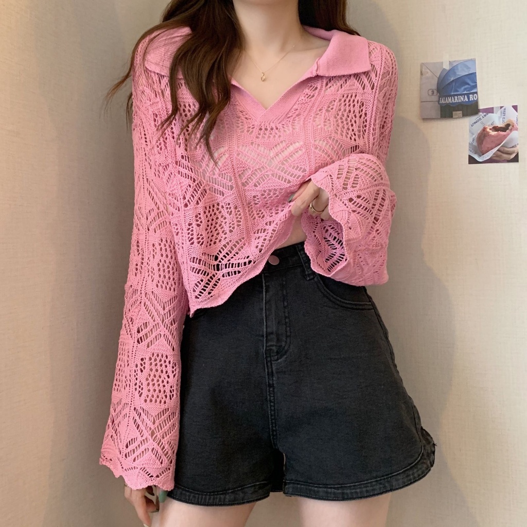 Áo sweater Dệt Kim Tay Loe Dài Thiết Kế Đục Lỗ Thời Trang Ngọt Ngào Cho Nữ