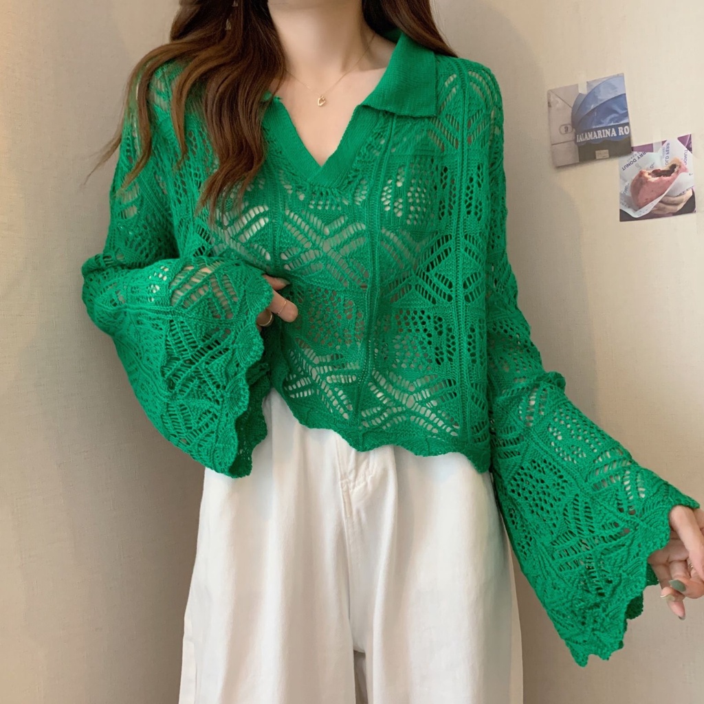 Áo sweater Dệt Kim Tay Loe Dài Thiết Kế Đục Lỗ Thời Trang Ngọt Ngào Cho Nữ