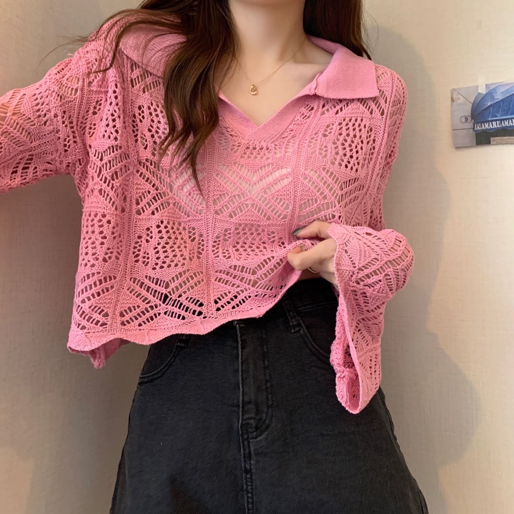 Áo sweater Dệt Kim Tay Loe Dài Thiết Kế Đục Lỗ Thời Trang Ngọt Ngào Cho Nữ