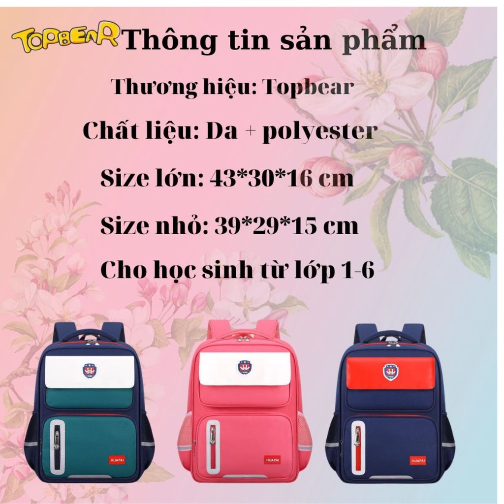 Balo học sinh cấp 1 TOPBEAR chống gù siêu nhẹ, màu sắc đẹp phong cách Châu Âu cho bé đi học từ lớp 3-6 TB0001