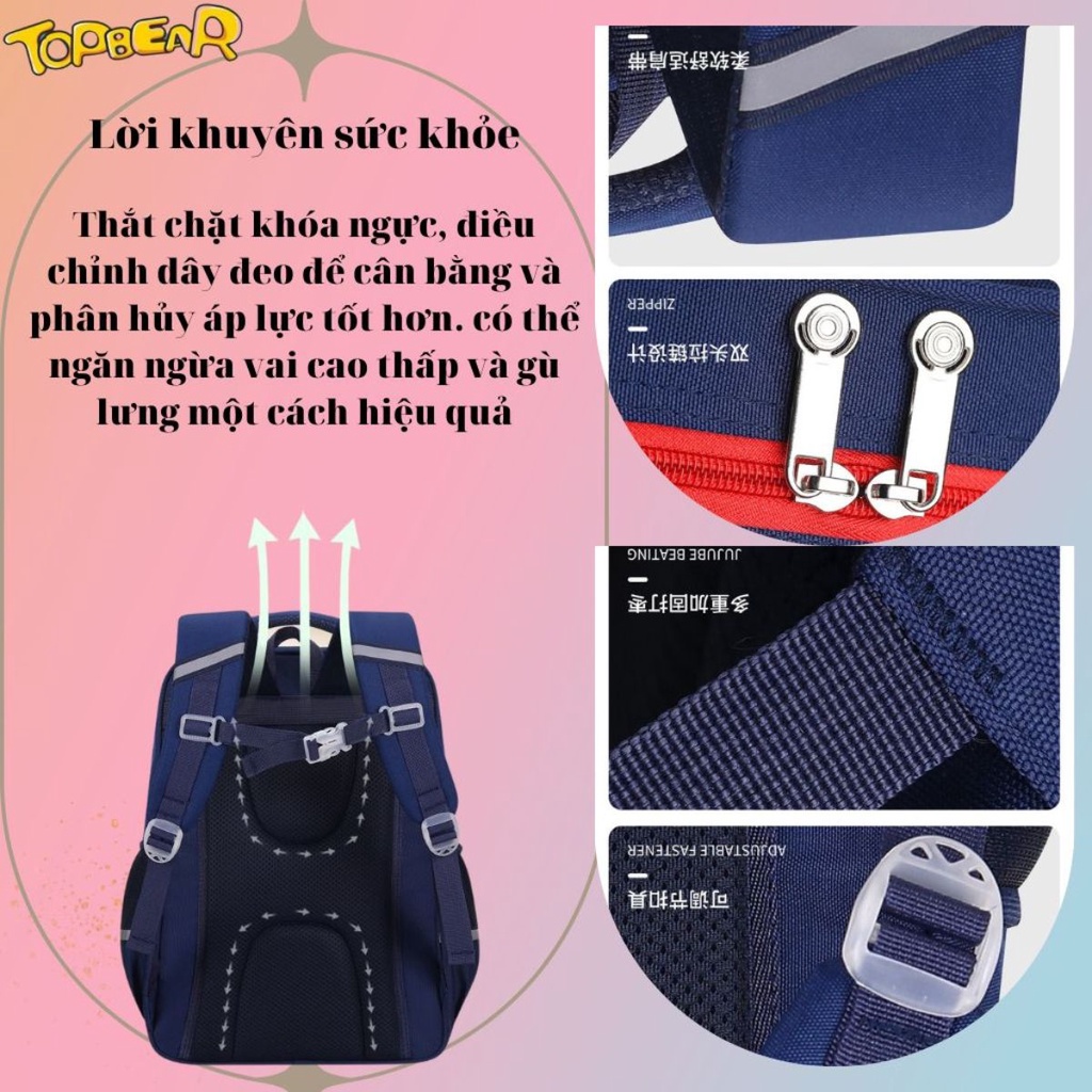 Balo học sinh cấp 1 TOPBEAR chống gù siêu nhẹ, màu sắc đẹp phong cách Châu Âu cho bé đi học từ lớp 3-6 TB0001