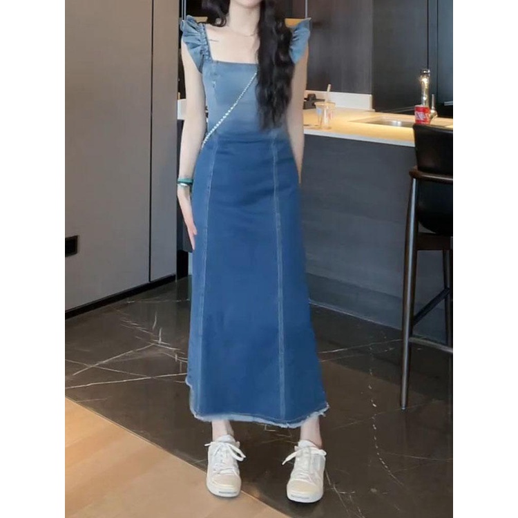 Jiashucheng Váy Jean Màu Gradient Kiểu Dáng Đơn Giản Dễ Phối Đồ Mới
