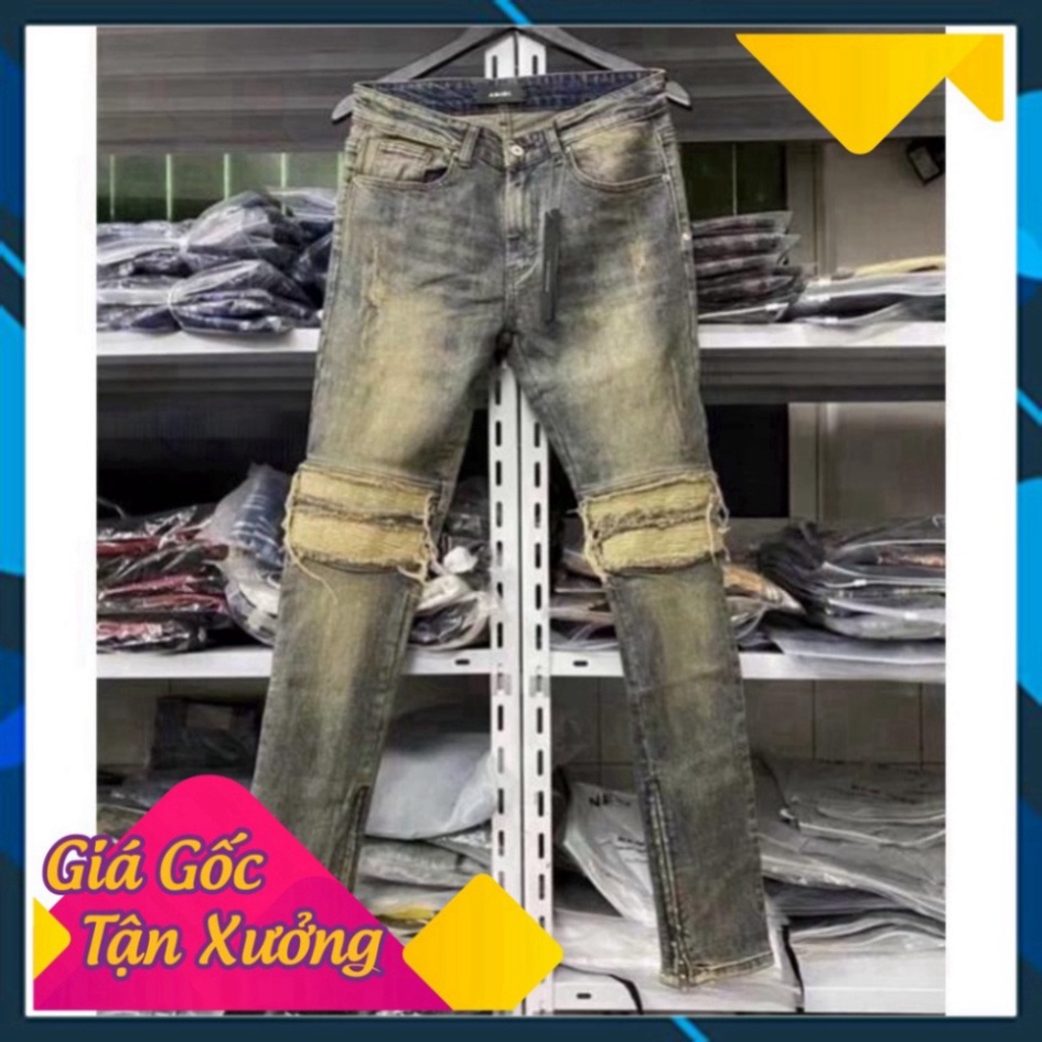 Quần jean bò nam Amiri wash xanh bụi vá vải nhăn gối rách xước viền phối thêu khoá zip ống chân