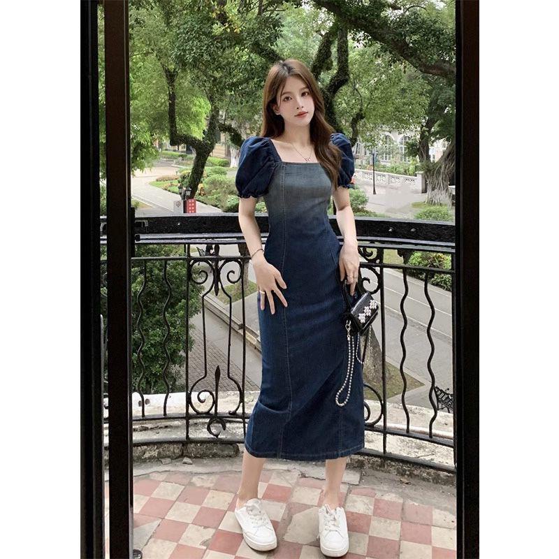 Đầm denim JSC tay phồng cổ vuông dáng ôm màu gradient phong cách Hàn Quốc thời trang mùa hè dành cho nữ