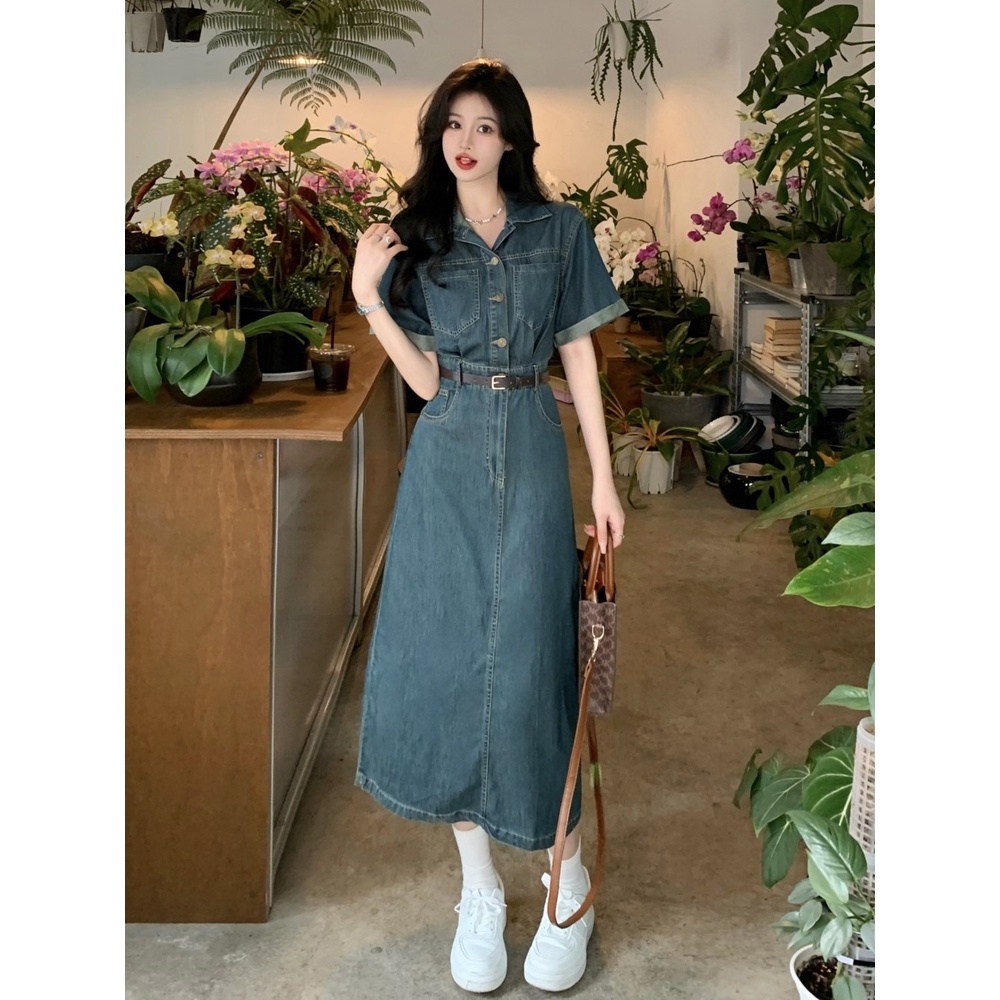 Jiashucheng Đầm Denim Mùa Hè Tay Ngắn Có Cổ Phong Cách Cổ Điển Kiểu Mới Cho Nữ