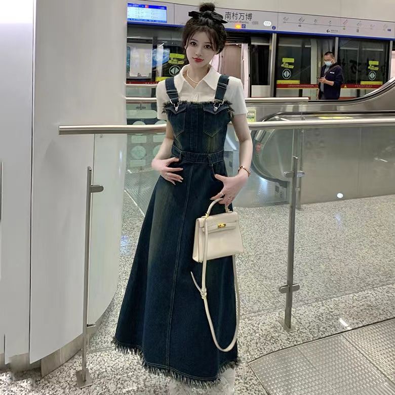 Bộ đồ JSC gồm áo sơ mi cổ bẻ ôm dáng phong cách cổ điển và đầm yếm denim dáng ngắn thời trang cho nữ (Bán lẻ)