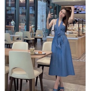 Đầm denim hoa ngực, váy jean cúp ngực _ L482