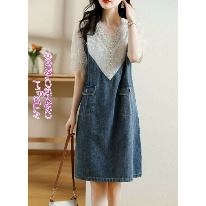 Hàng nhập - Đầm dáng suông jean phối ren trắng, váy bò xuông tay lỡ trẻ trung