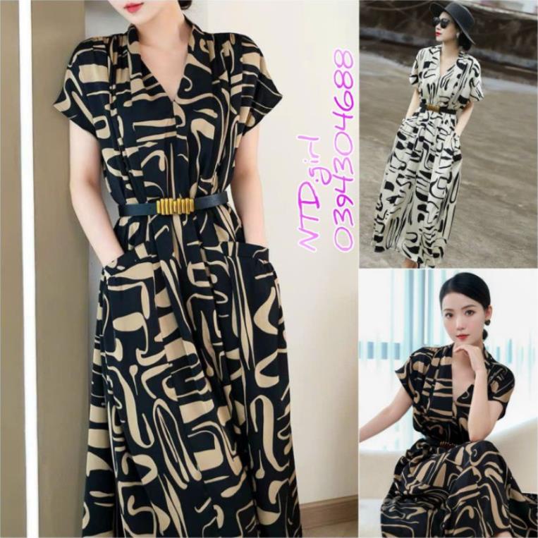 Hàng nhập - Đầm dáng xòe lụa in họa tiết kèm nịt, váy xòe cổ V tay ngắn trẻ trung