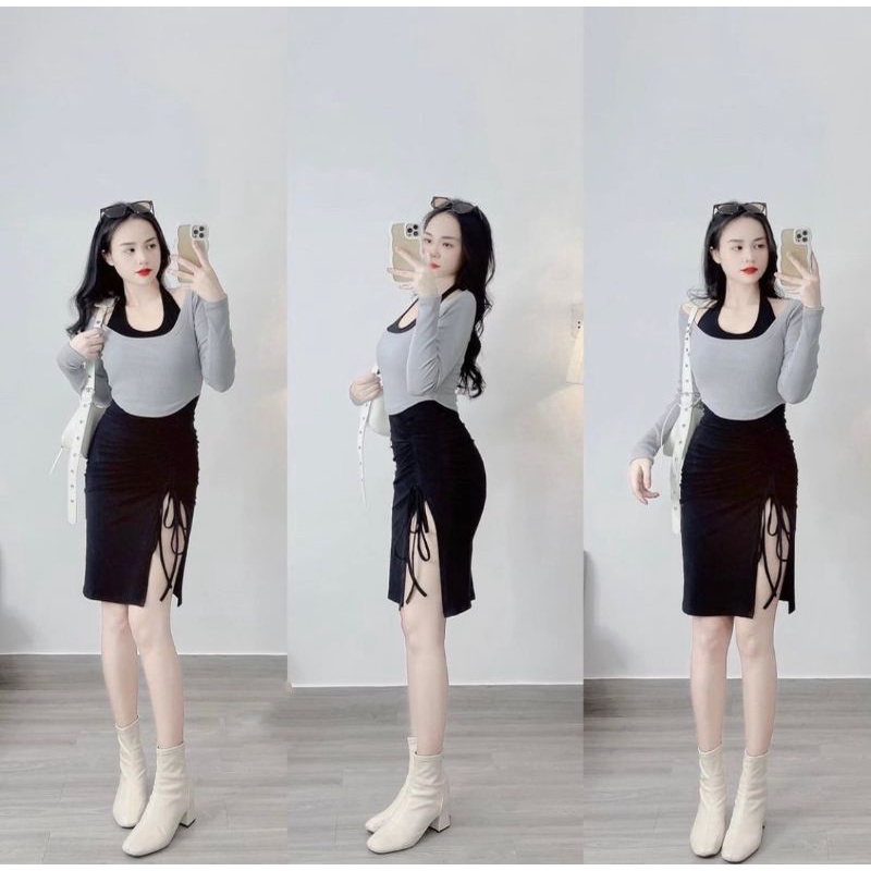 Sét Đầm thời trang nữ, Áo + váy xẻ tà ôm body rút tùy chỉnh. From 39-55 ký. Chất gân tăm mịn đẹp y hình G07597CTTS