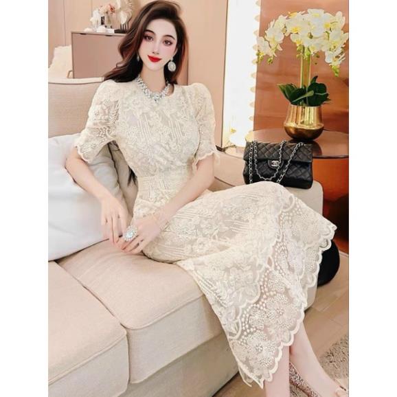 Hàng nhập - Đầm ren dáng xòe cổ tròn viền gợn sóng, váy dự tiệc tiểu thư tay ngắn sang trọng