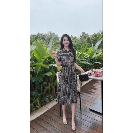Hàng nhập - Đầm dáng xòe vintage lụa in họa tiêt, váy xòe cổ sơ mi tay ngắn