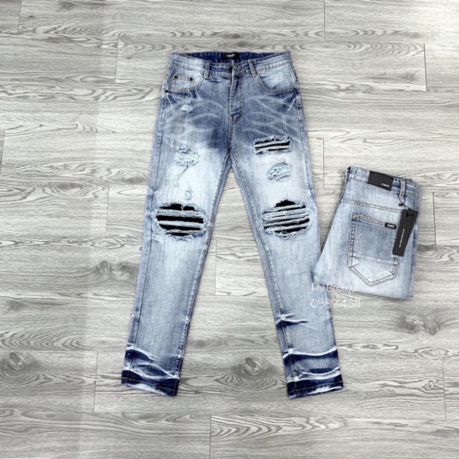 Quần jean skinny Amiri nam likeauth wash đen xám rách vá da nhăn đen thỏ Playboy đùi gối ống xếp sóng