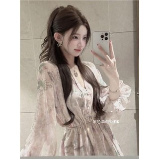 Đầm Voan Mỏng Cổ Chữ V Buộc Dây Nhấn Eo In Họa Tiết Hoa Phong Cách Pháp Cổ Điển Thời Trang Mùa Hè Hàng Mới