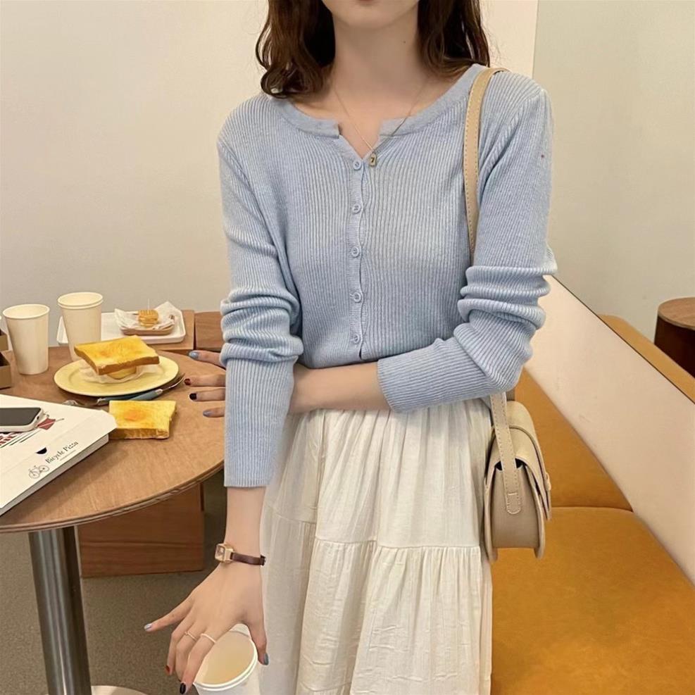 Áo cardigan len tăm dệt kim cổ V dài tay màu trơn phong cách đơn giản MA076