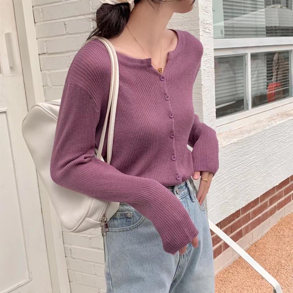 Áo cardigan len tăm dệt kim cổ V dài tay màu trơn phong cách đơn giản MA076