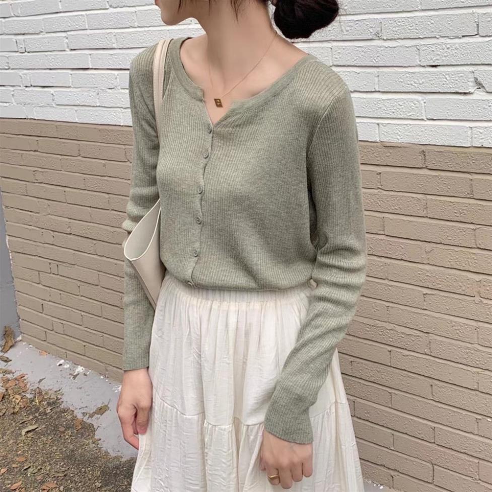 Áo cardigan len tăm dệt kim cổ V dài tay màu trơn phong cách đơn giản MA076