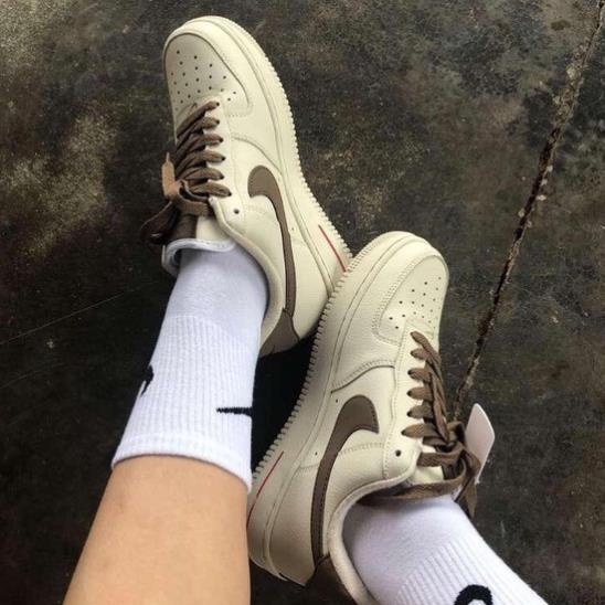 Giày AF1 trắng vạch nâu, đen, xám Hot trend, Giày thể thao sneaker FORCE 1 trắng nâu dành cho nam nữ